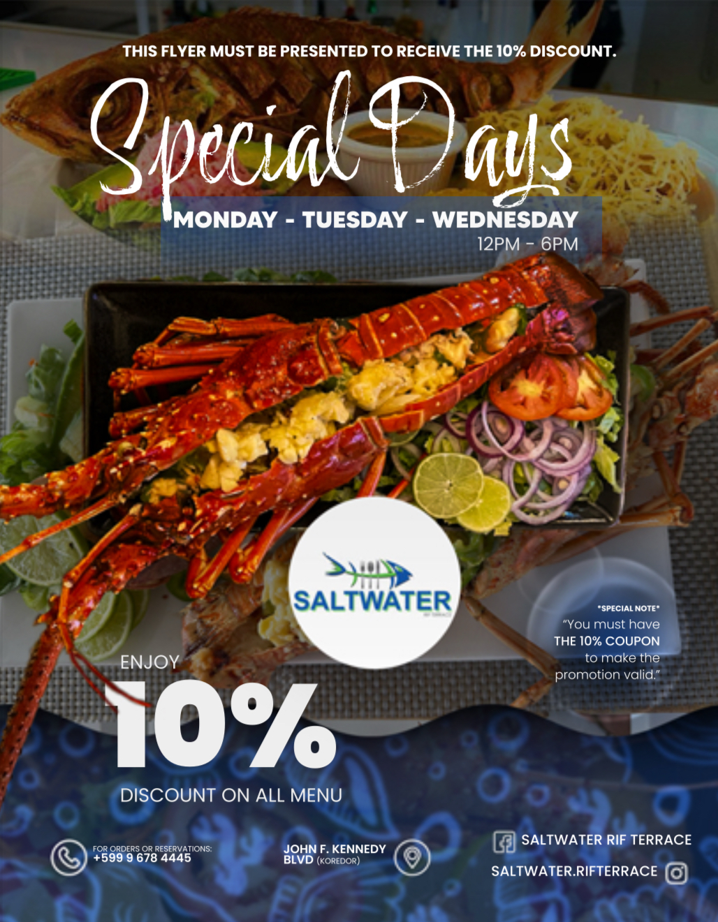 Special Days at Saltwater — 10% discount on all menu, Monday to Wednesday, 12PM–6PM.